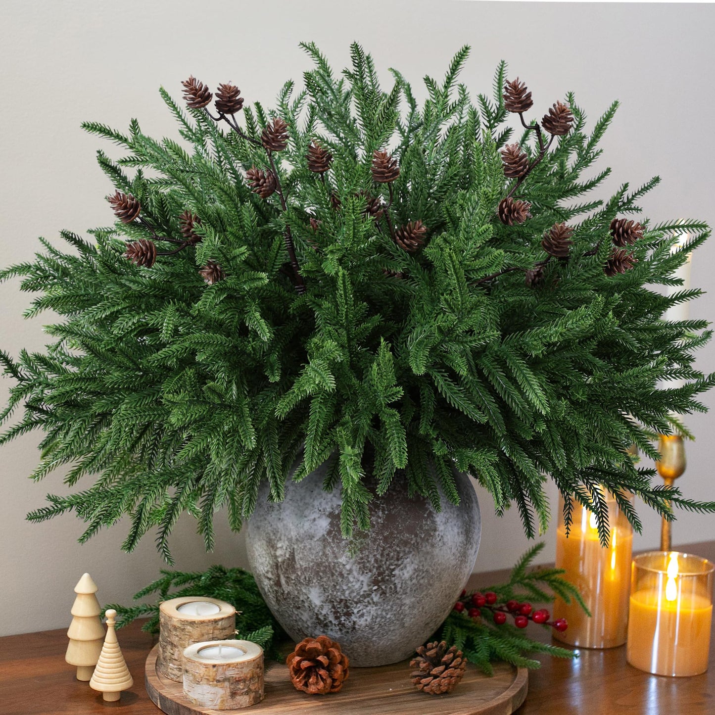 HyeFlora 14 PCS Christmas Norfolk Pine Stems with Small Pine Cones Branches, 19 In Real Touch Artificial DIY Greenery Pine Needles Picks,Xmas Faux Cedar Pine Branche for Vase Indoor Outdoor Home Décor