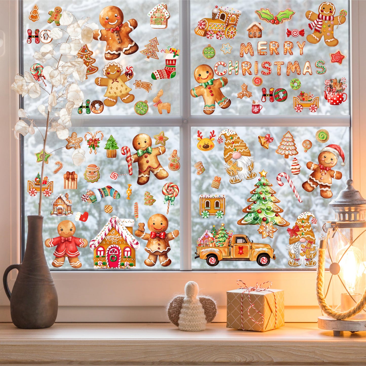 Christmas Gingerbread Wall Stickers Decoration 12 Sheets, Christmas Wall Decals Holiday Gingerbread Decor, Winter Candy Vinyl Stickers for Living Room Bedroom Home Office Decor