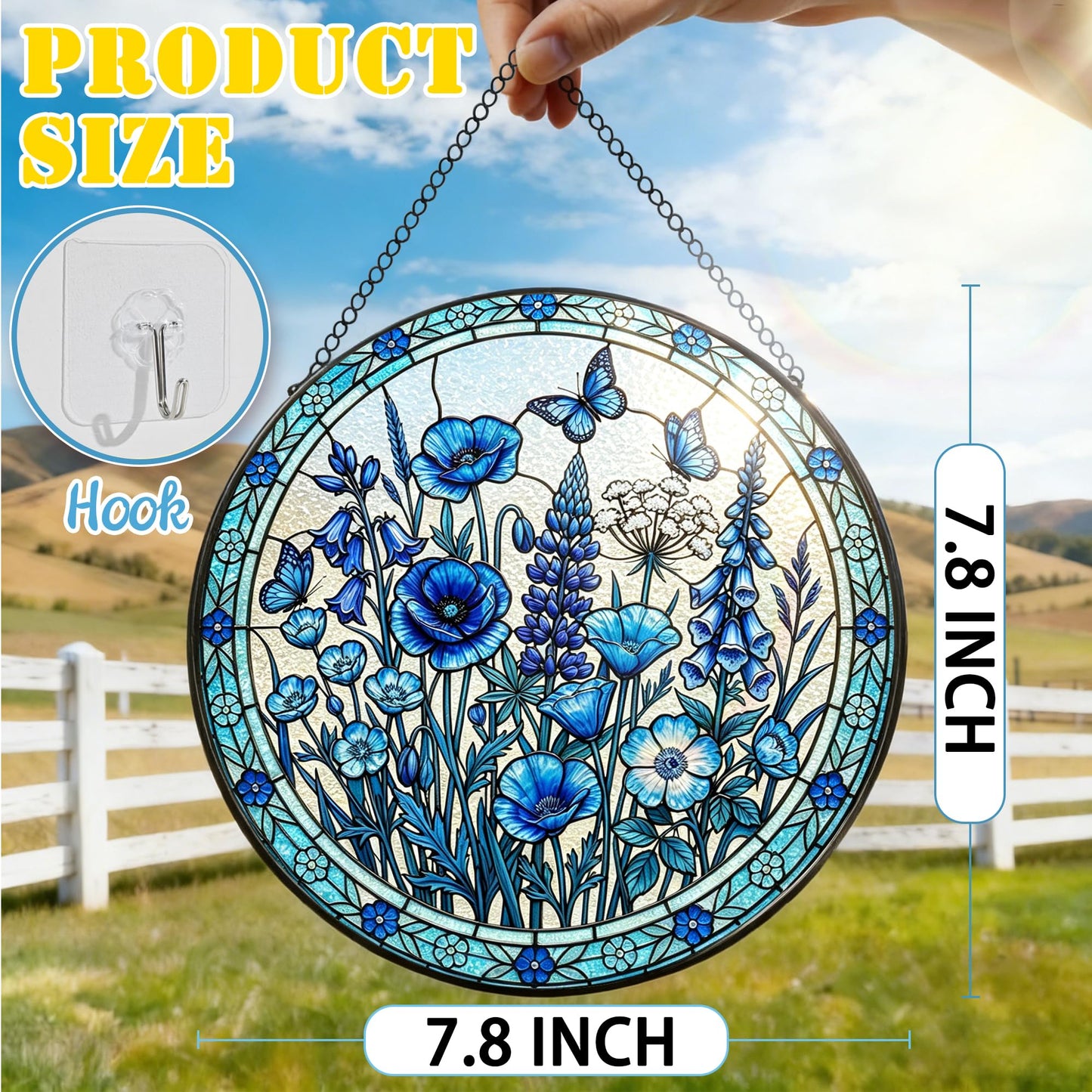 Stained Glass Window Hanging, 7.8 Inch Blue Floral Stained Glass Sun Catcher, Suncatchers for Windows, Window Hanging Ornaments, Spring Gift for Mom, Garden Lover Gift, Mother's Day & Birthday Gift