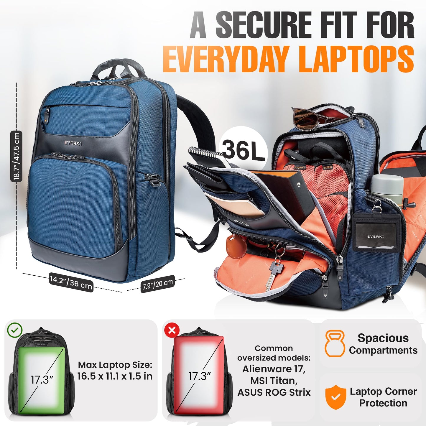 EVERKI Onyx 36L Business Laptop Backpack – Professional Travel Backpack for Men & Women, Laptop Bag with Premium Leather Ballistic & Nylon, Office & Flight Approved, Fits Laptops up to 17.3” - Navy