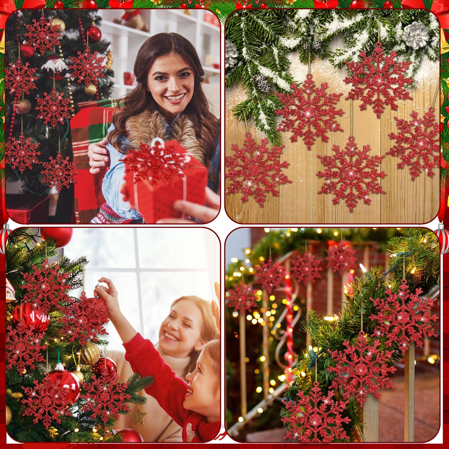 Vertintong 48 Pcs Burgundy Glitter Snowflake Ornaments Winter Tree Hanging Plastic Glitter Snowflake Ornaments Decorations for Xmas Winter Home Garland Holiday Decoration