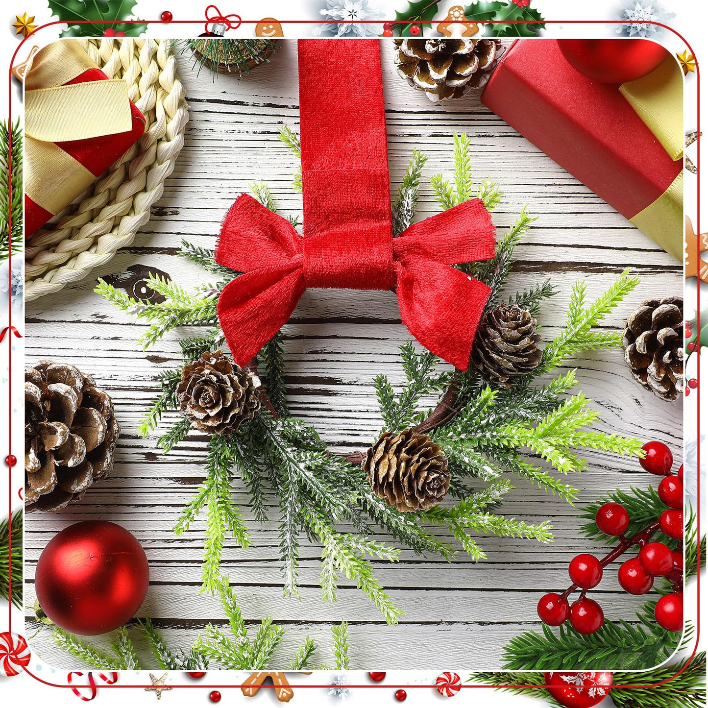 Dingion 6 Pcs 6 Inch Christmas Mini Cabinet Wreaths for Kitchen with Ribbon Bows Norfolk Pine Small Window Wreaths Garland for Door Window Farmhouse Christmas Party Decorations