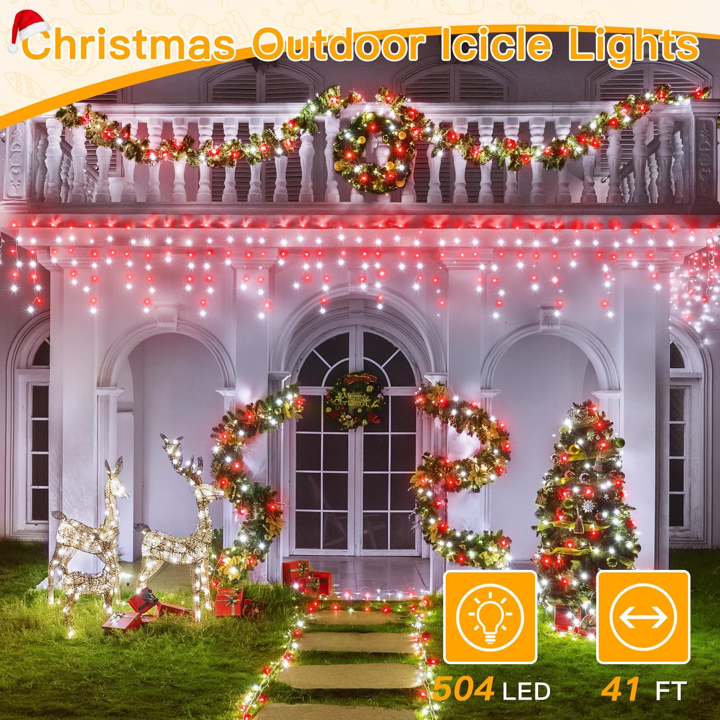 Ollny Icicle Lights for Outside 504LED 41FT, Red and White Christmas Light with Remote 8Modes Timers Waterproof, Plug in Connectable Hanging Lights for Outdoor Indoor House Roof Holiday