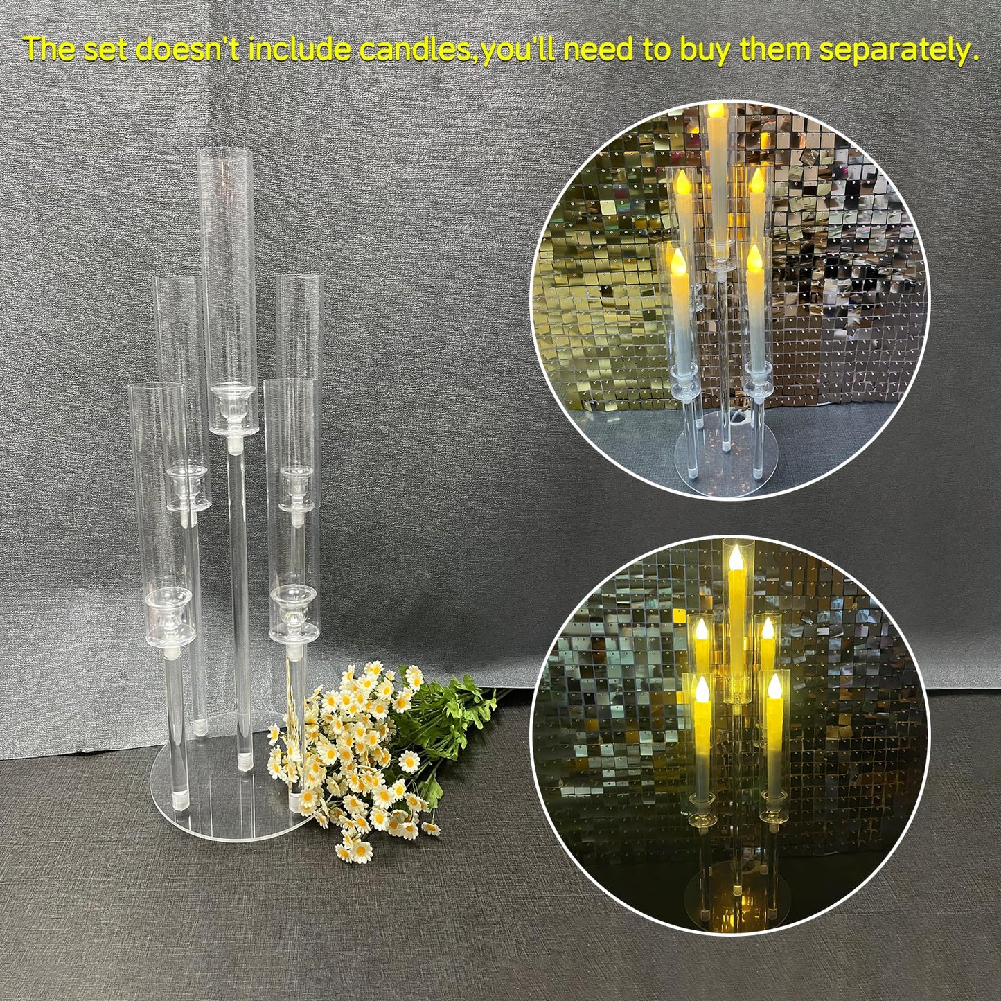 6 Set 26.8'' Tall Acrylic Candelabra Centerpieces for Wedding Table Decorations,Clear 5 Arms Candlesticks Holder with Acrylic Shade for Candlelight Dinner Party Fireplace Gift Fit LED Candle