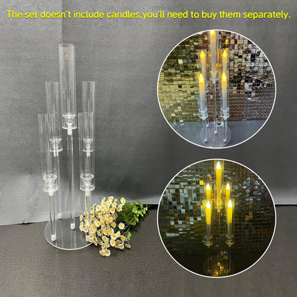 6 Set 26.8'' Tall Acrylic Candelabra Centerpieces for Wedding Table Decorations,Clear 5 Arms Candlesticks Holder with Acrylic Shade for Candlelight Dinner Party Fireplace Gift Fit LED Candle
