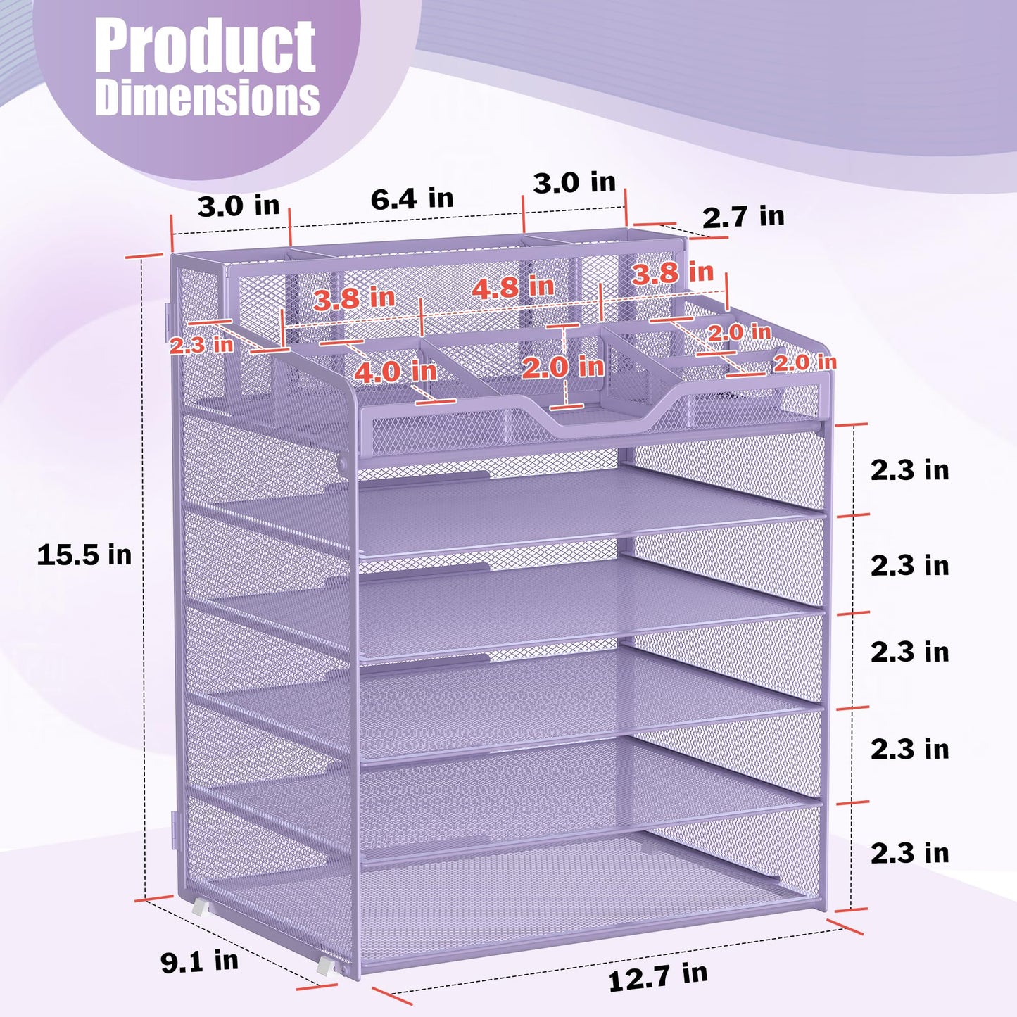 Docnest 6 Tier Mesh Desk Organizer for Paper Office Supplies – Multi-Functional Letter Tray with 5 Adjustable Compartments, 5 Pen Holders, Desktop Storage for Files, Mail, Stationery – Purple