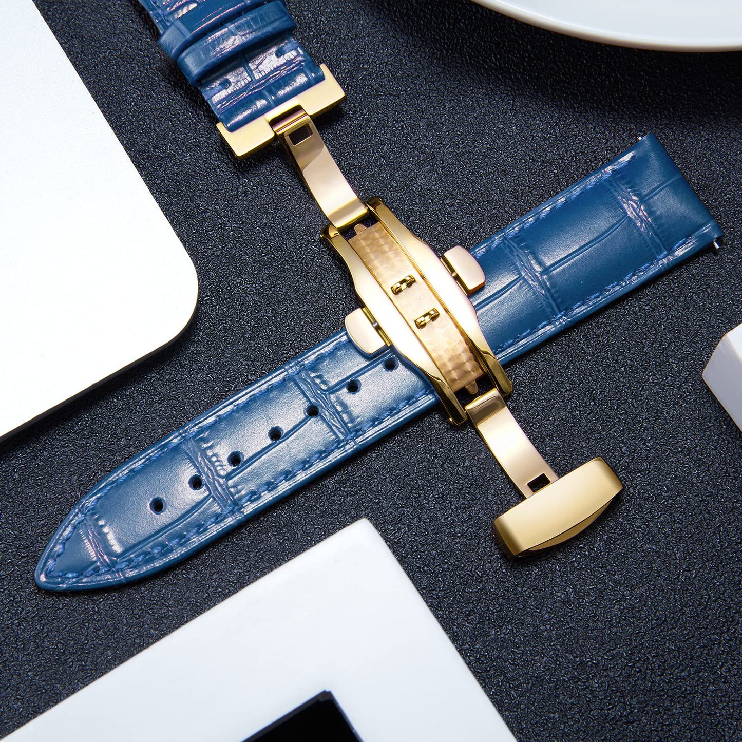 BINLUN Leather Watch Strap, Quick Release Genuine Leather Replacement Watch Band with Butterfly Deployment Buckle for Men and Women, 12mm-24mm(Blue-Gold,18mm)