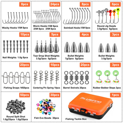 PLUSINNO 201pcs Fishing Accessories Kit,Tackle Box with Tackle Included, Fishing Hooks, Weights, Round Split Shot，Fishing Gear for Bass, Trout, Catfish