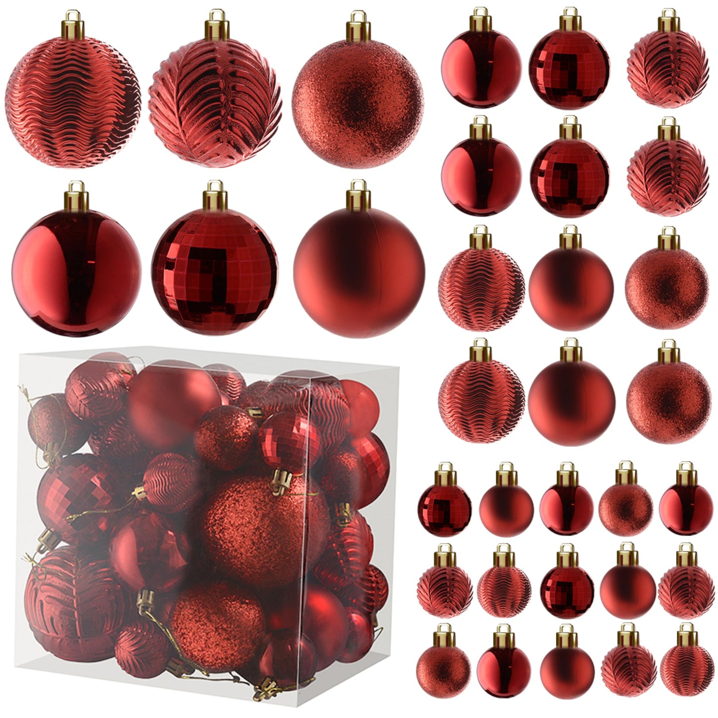 Prextex 36-Pieces Red Christmas Ornaments Set - Shatterproof, Festive Christmas Balls Decorations in 3 Sizes and 6 Styles with Hanging Loops for Tree, Wreath, and Dazzling Holiday Party Decor
