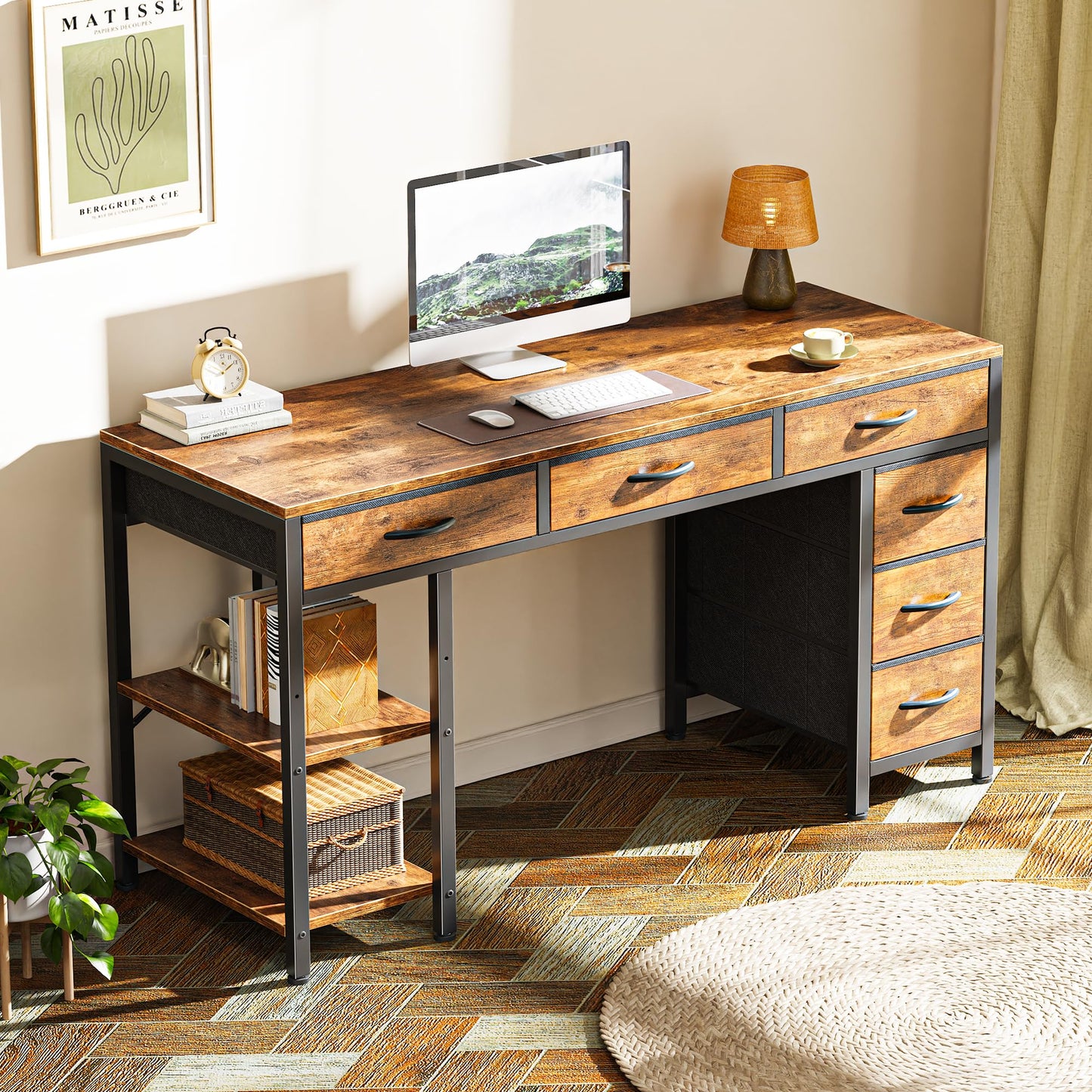 Huuger Computer Desk with 6 Drawers, Office Desk with Shelves, Reversible Gaming Desk, Corner Desk with Storage, Work for Home Office, Study, Living Room, 47inch, Rustic Brown