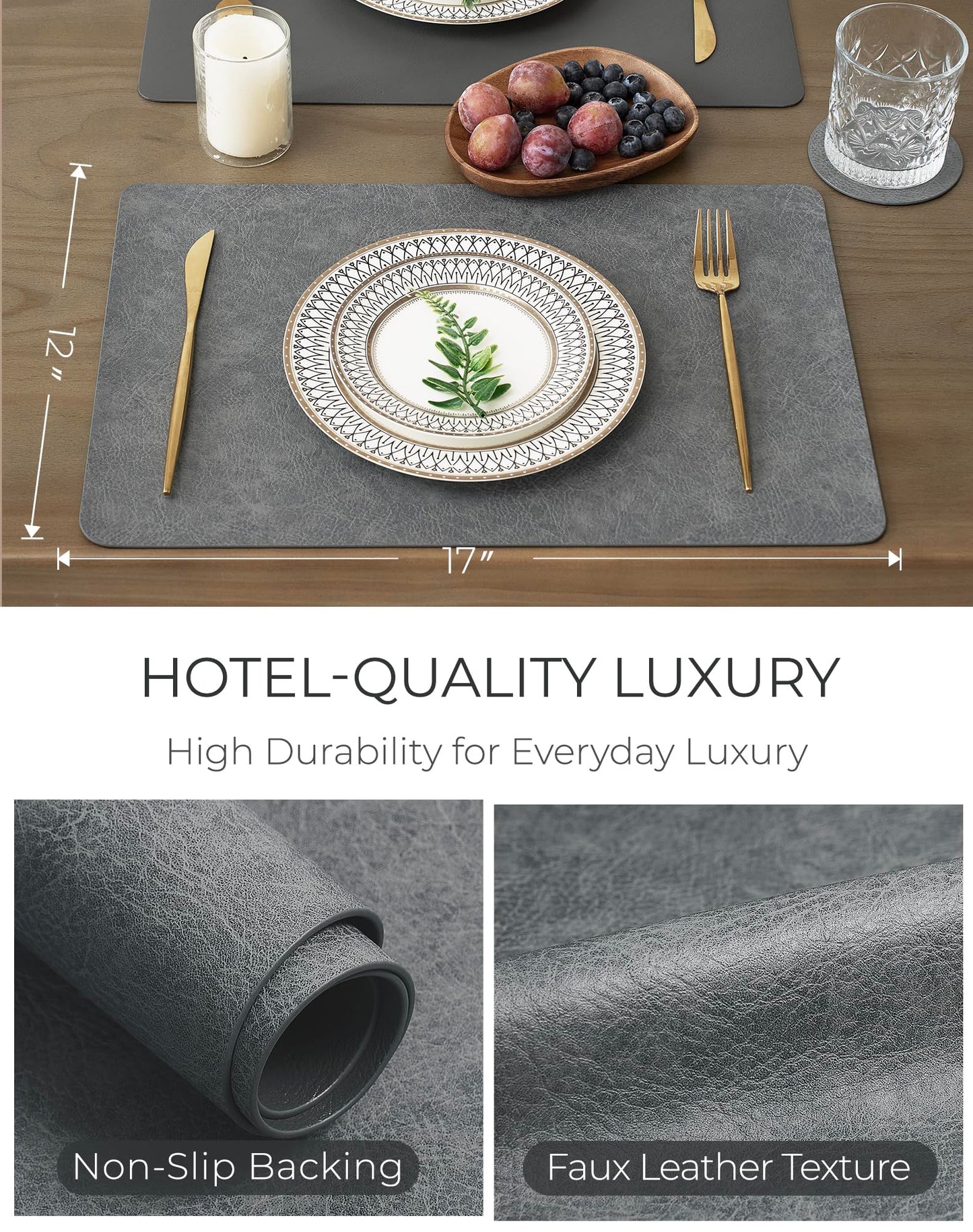 Leetaltree Reversible Faux Leather Placemats Set of 8, 12x17 Inch - Heat Resistant, Waterproof, Non-Slip Table Mats for Dining Kitchen, Hotel-Quality, Mist Grey