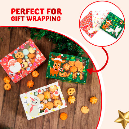 JOYIN 24 PCS Christmas Foil Treats Cookie Gift Boxes (8.75" x 5.75" x 2.75") Colorful Pattern Bakery Box with Window for Xmas Holiday Birthday Party Pastries, Cupcakes, Brownies, Donuts Gift-Giving