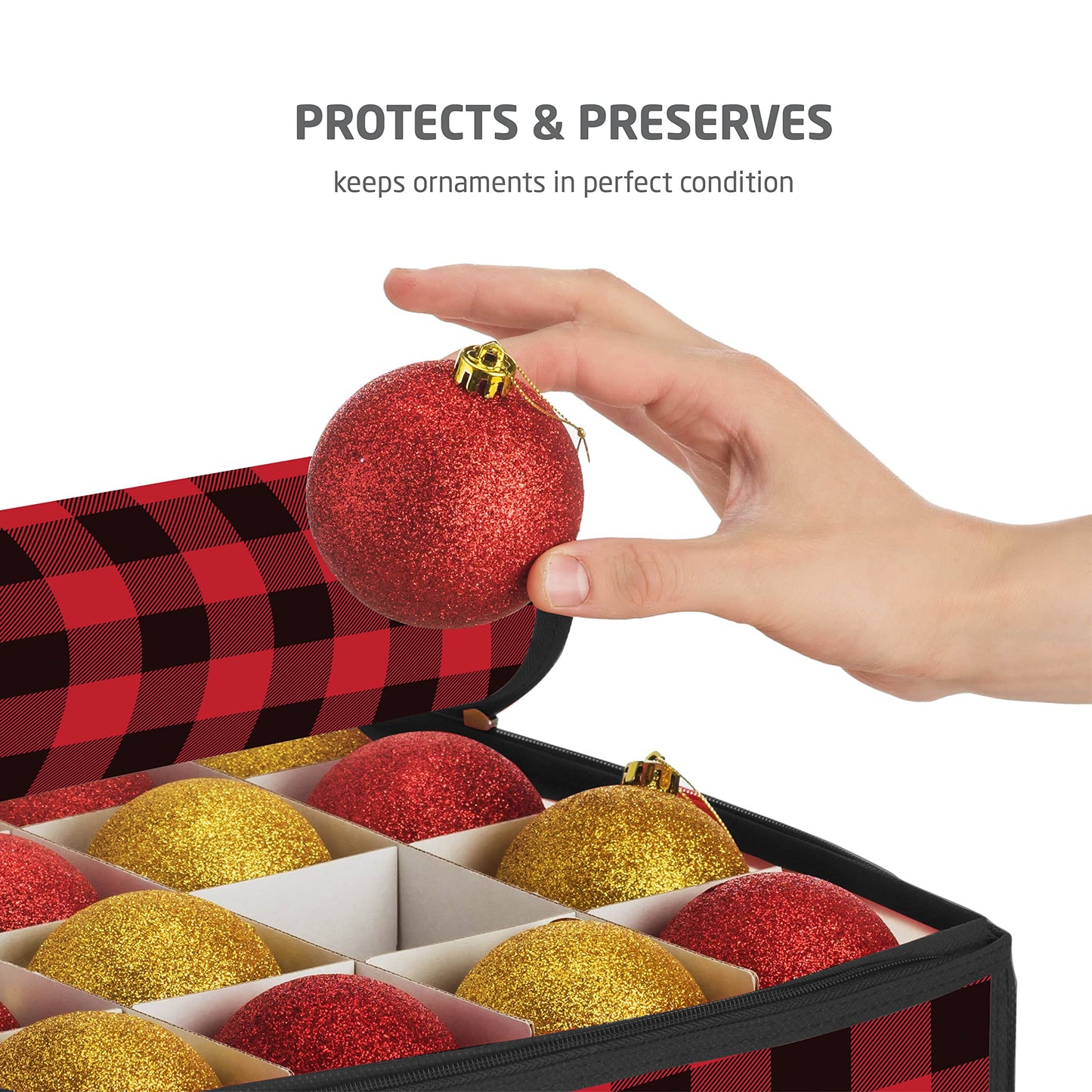 ZOBER Christmas Ornament Storage Box Plastic - Stores 128 3" Ornaments with Individual Trays - Ornament Organizer Storage Box, Durable Christmas Containers Holder - Plaid