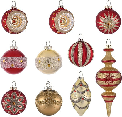 Valery Madelyn Glass Christmas Ornaments Set, 10ct Medium Red Gold Mercury Blown Glass Christmas Tree Ball Decorations, Luxury Hanging Teardrop Finial Faceted Reflector Decor