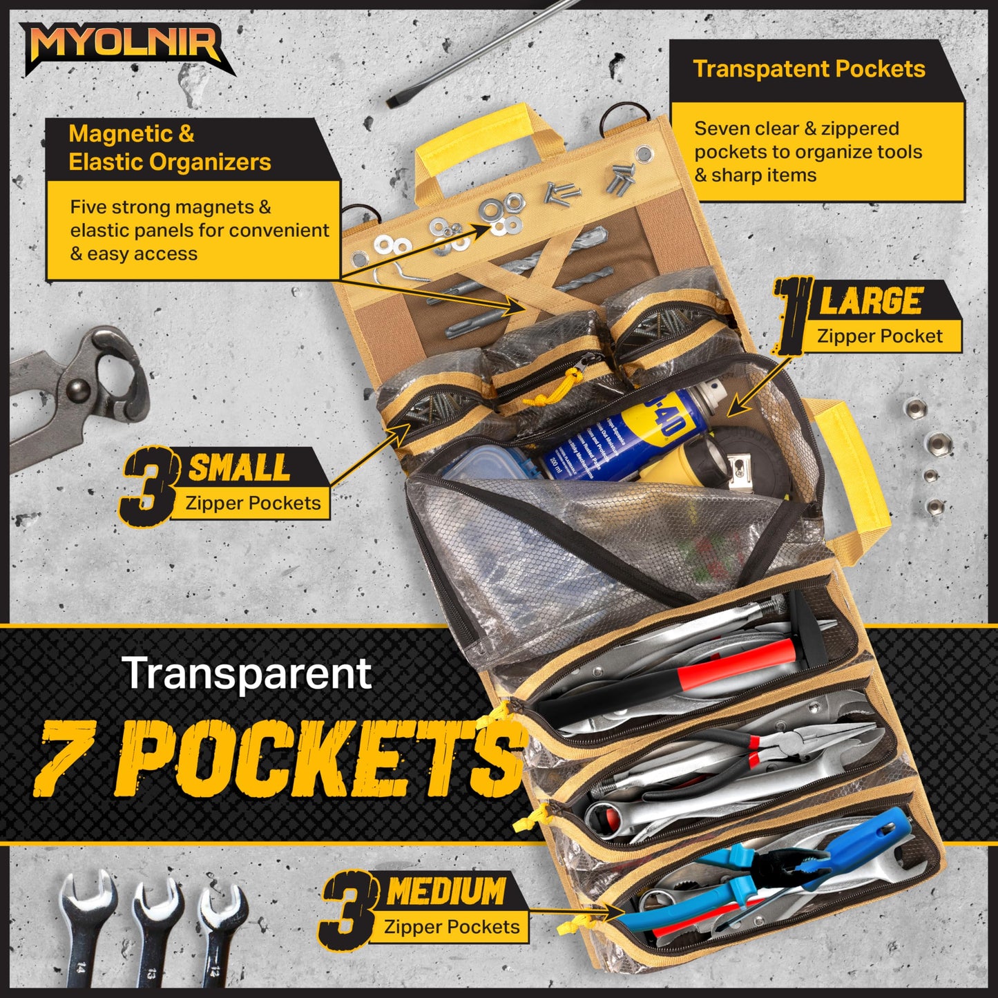 Myolnir Roll Up Tool Bag Organizer With Kickstand - Full-Size 25" Heavy Duty Tool Roll Bag - Portable Rollup Toolbag With Magnetic Panels & Transparent Pockets - Mechanic, Electrician & Tradesperson