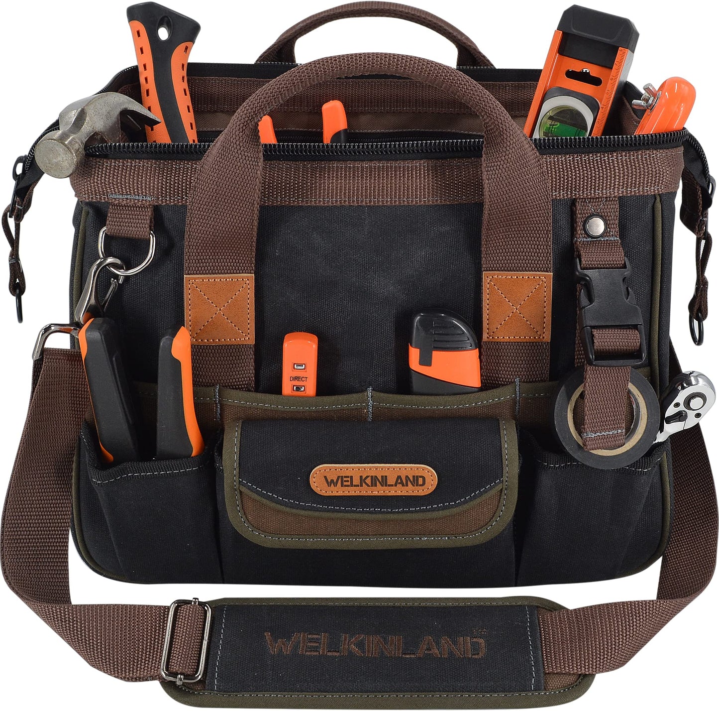 WELKINLAND 30-Pockets Canvas tool bag, 14-Inch Heavy Duty Waxed bags heavy duty, Tool duffel, Lineman Electrician for electricians,Tool men duty Black/Brown/Olive