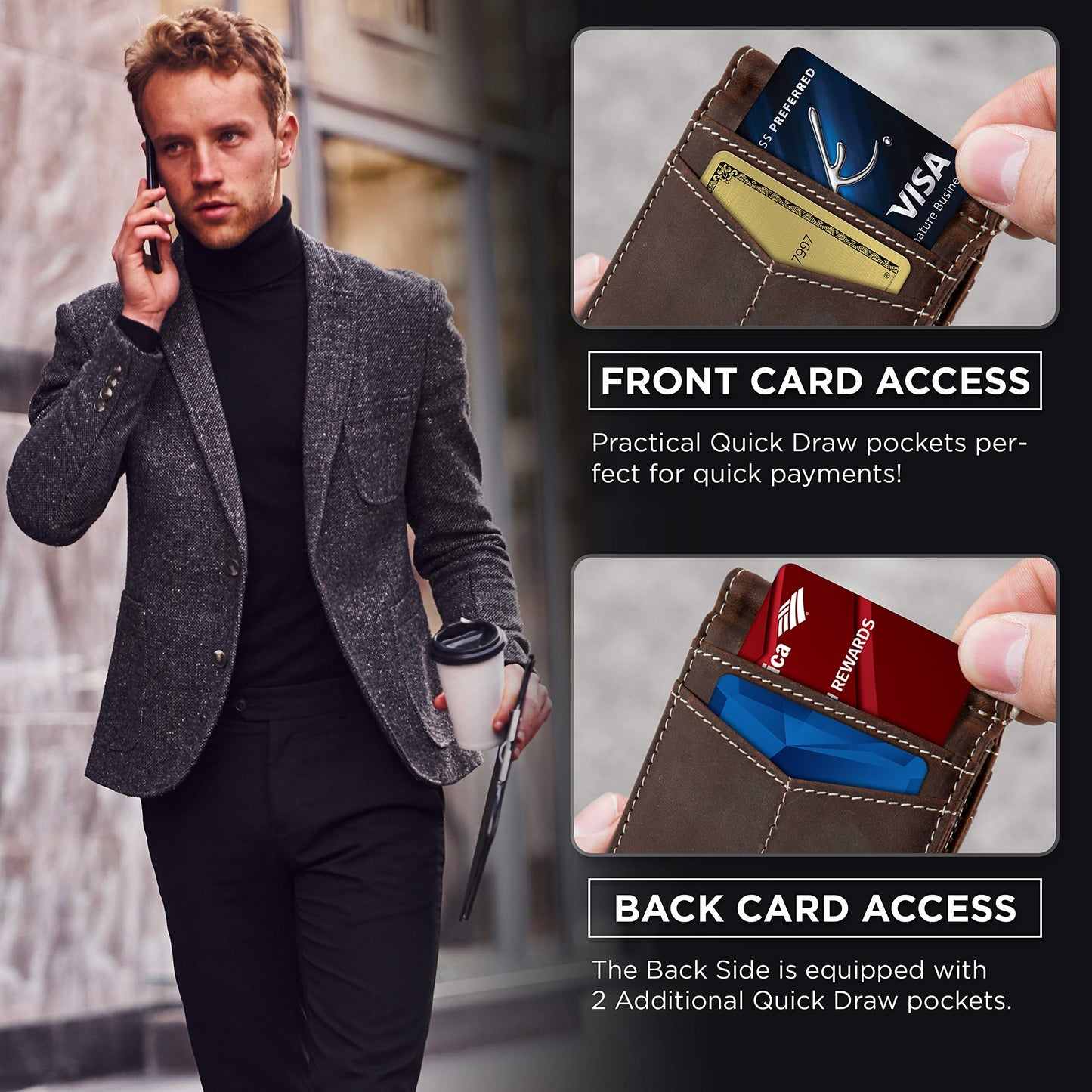 SERMAN BRANDS RFID Blocking Wallet Slim Bifold - Genuine Leather Minimalist Front Pocket Wallets for Men with Money Clip Gift (Texas Brown)