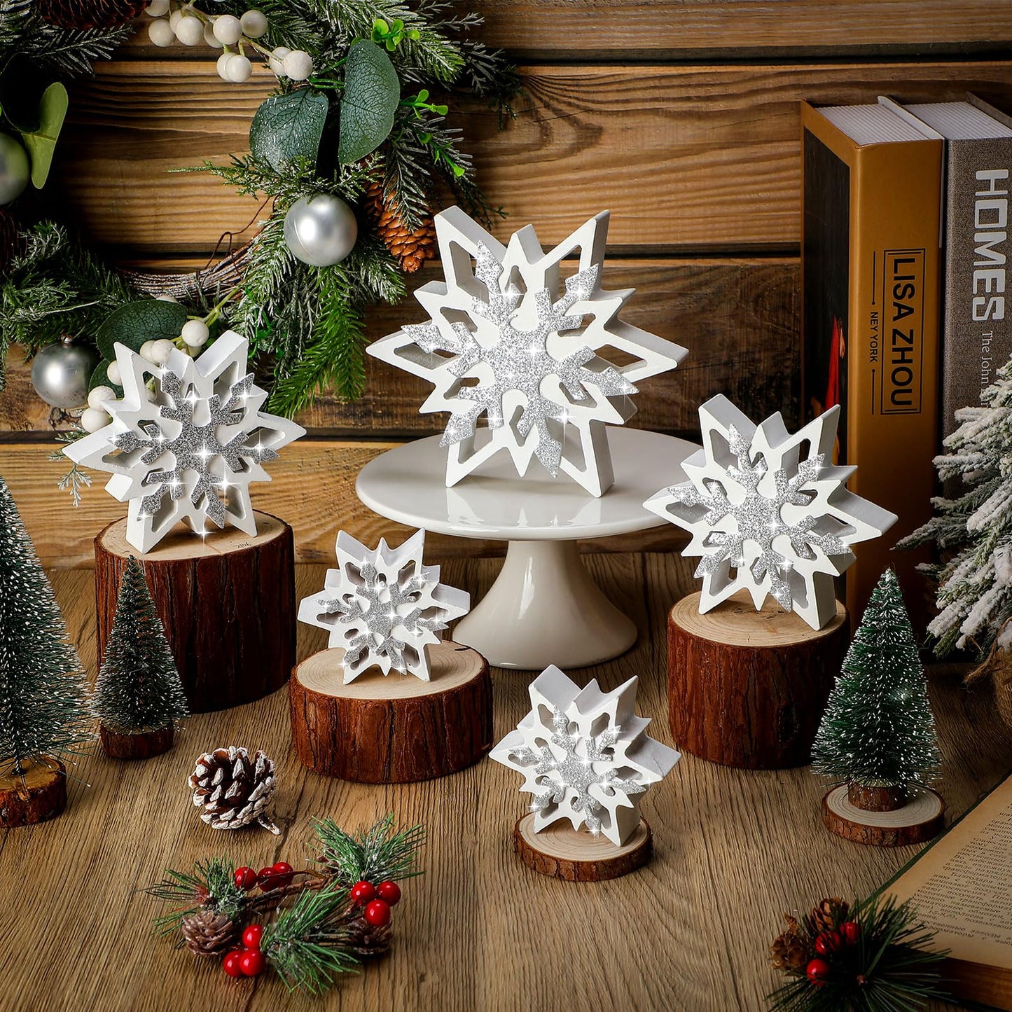 Suzile 5 Pcs Large Christmas Thick Wooden Snowflake Decorations Winter Glitter Snowflake Wood Ornaments Farmhouse Centerpieces Table Signs for Xmas Home Office Table Mantel Fireplace Shelf