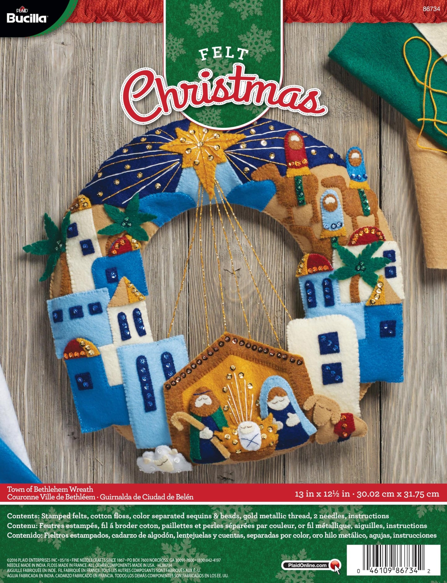 Bucilla Felt Applique Wreath Town of Bethlehem, Size 13 x 12.5-Inch, Blue, Brown, Gray