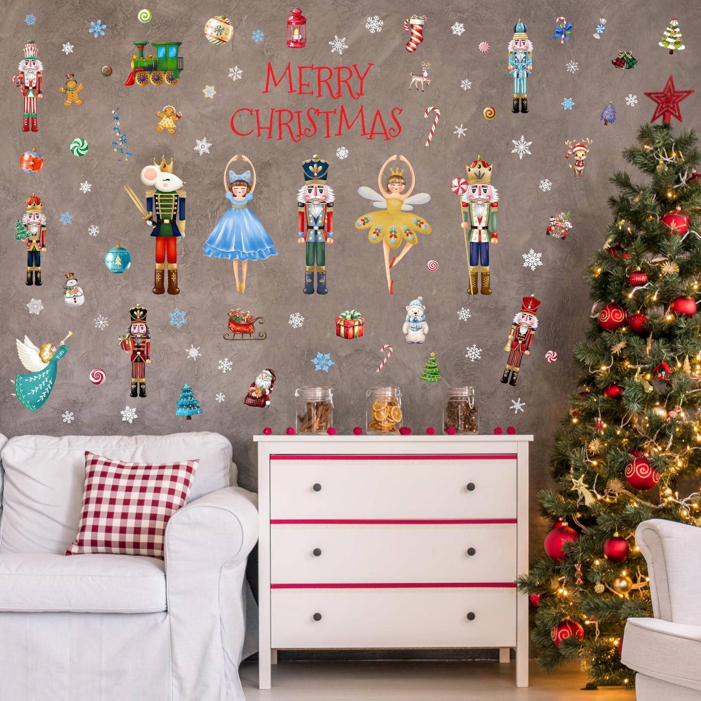 Christmas Nutcracker Wall Stickers Decoration 12 Sheets, Christmas Wall Decals Holiday Nutcracker Decor, Winter Snowflake Vinyl Stickers for Living Room Bedroom Home Office