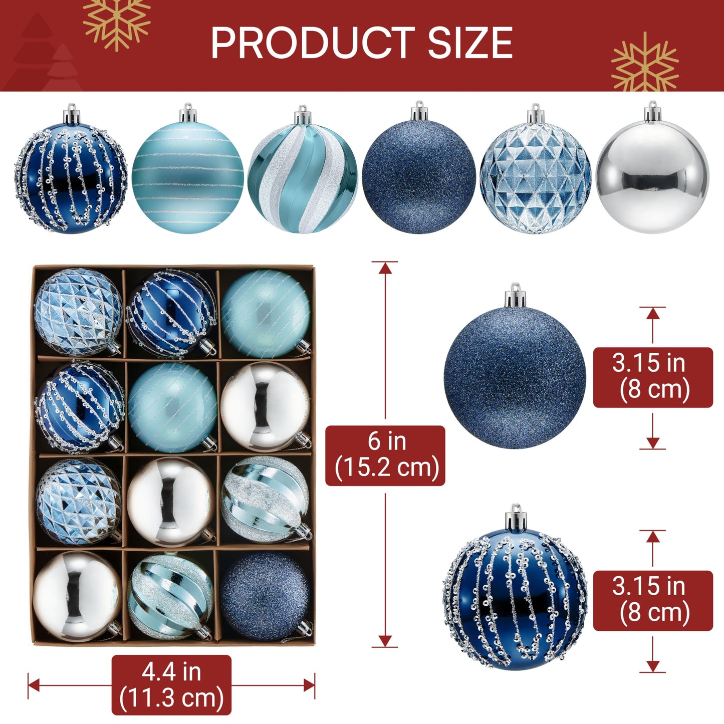 JOYIN 12 Pcs Blue Silver Christmas Balls Ornaments Set, 3.15'' Glittering Tree Hanging Christmas Decorations, Xmas Large Shatterproof Indoor Decor for Tree Wreath Holidays Wedding Party