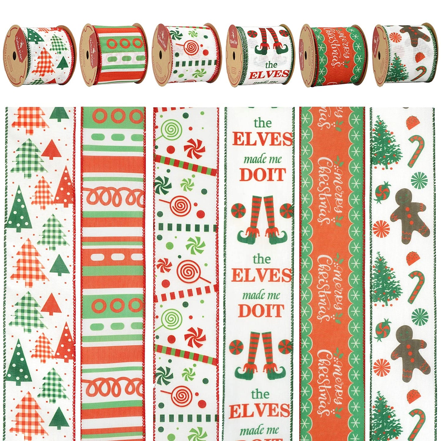 MEEDEE Christmas Ribbon Set - Wired Burlap Ribbon, 2.5 Inch, 6 Rolls, 36 Yards, Red & Green for Trees, Wreaths & Decorations