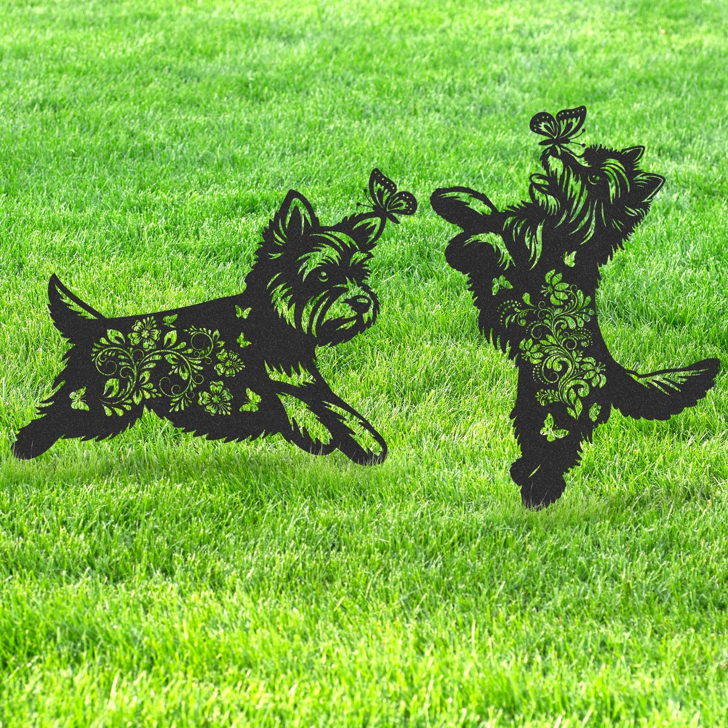 LIRAVENO Yorkie Metal Garden Stakes - 2 Pcs Animal Yard Statues Dog Decor Patio Lawn Decoration Outside Waterproof Butterfly Flower Silhouette Pathway Sign Christmas Birthday Gifts for Dogs Lover