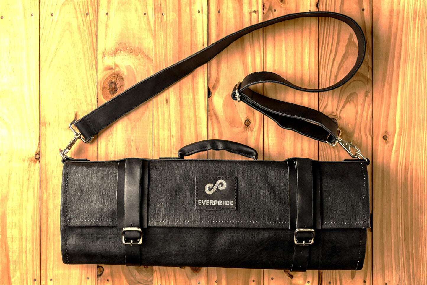 EVERPRIDE Waxed Canvas and Genuine Leather Trim Chef Knife Roll Bag Holds 12 Knives and Cooking Tools – Durable, Large Knife Case – Elegant Chef Bag for Professional Cooks and Students