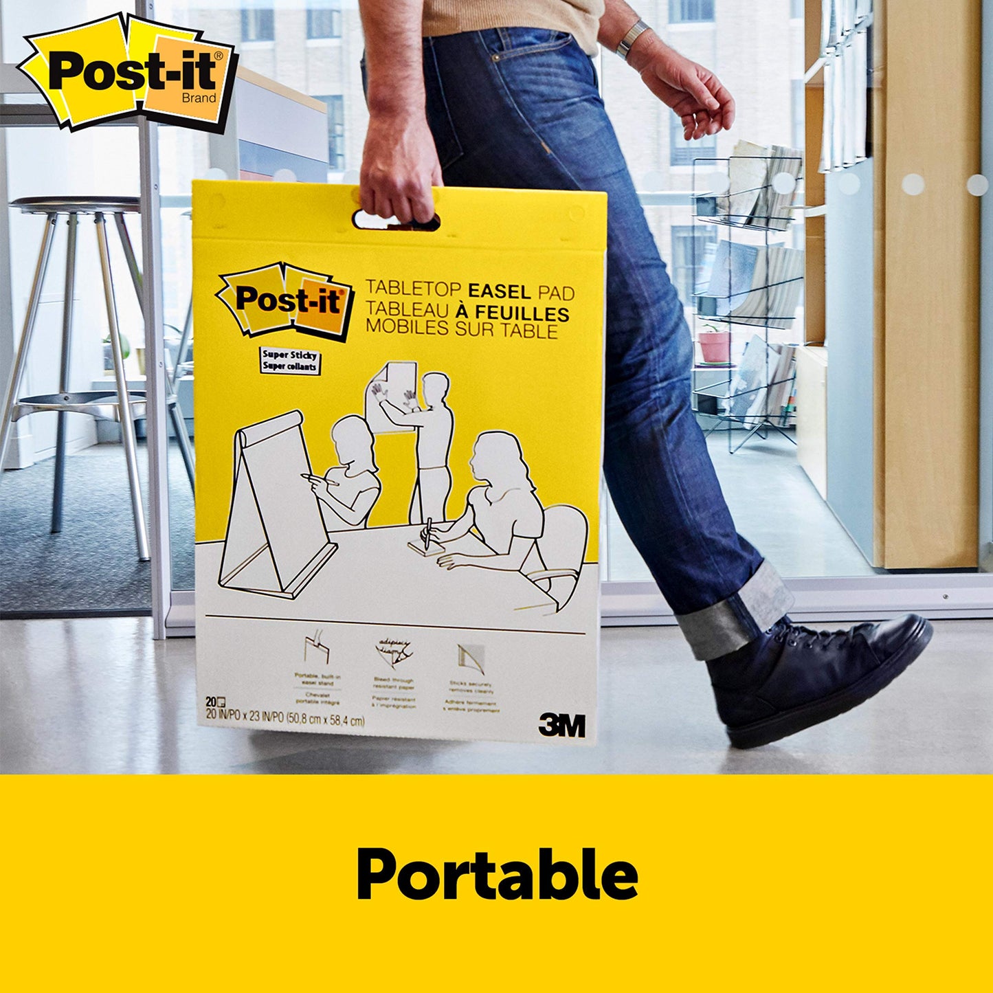 Post-it Meeting Chart, 20 x 23 Inches, 20 Sheets Per Pad, 1 Pad, Portable, White, Primary Ruled Lines, Premium Self Stick Flip Chart Paper, Great for Teachers and Students, Built-in Easel Stand