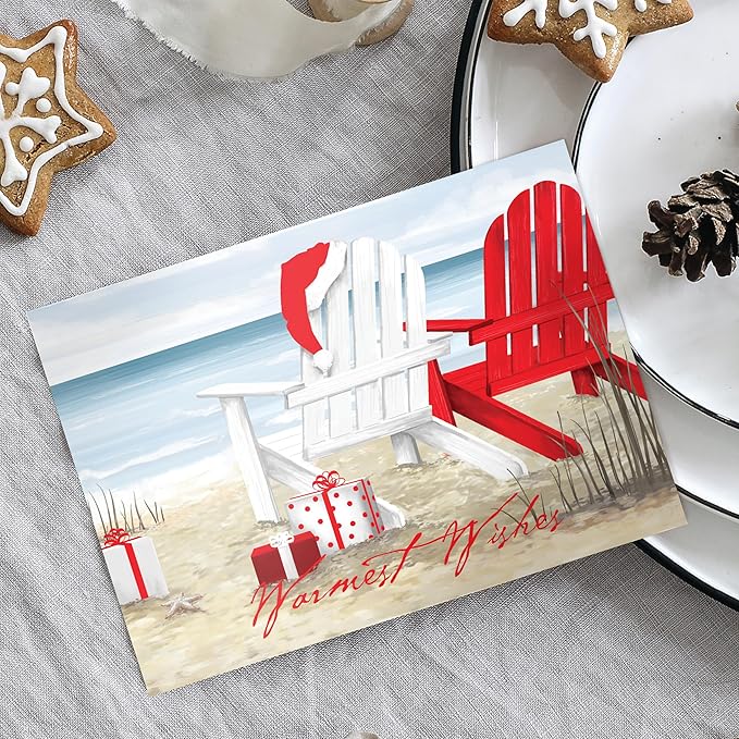 Masterpiece Beach Chairs Cards / 16 Warmest Wishes Coastal Holiday Card Set With Red Foil And White Envelopes / 5 5/8" x 7 7/8" Tropical Vacation Greeting Cards With Meaningful Inside Verse