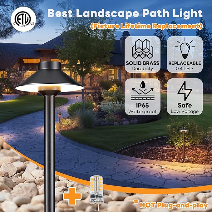 Gardenreet Brass Hardwired Landscape Path Light, 12V Low Voltage Pathway Lights IP65 Waterproof, Outdoor Walkway Lighting Wired, Hat-top Black for Patio Lawn with 4000K Neutral White G4 Bulb (6 Pack)