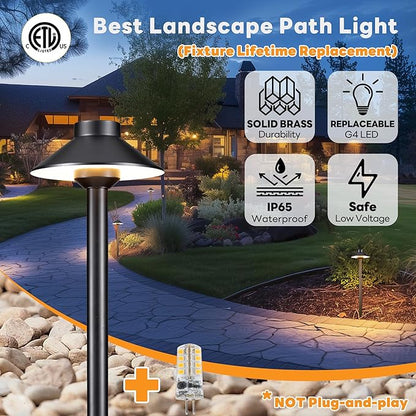 Gardenreet Low Voltage Landscape Lighting Brass, 12v Pathway Lights Waterproof, Hard Wired Path Light Outdoor, Mushroom Black for Exterior Patio House with 3W 270LM 3000K Soft White G4 Bulb (6 Pack)