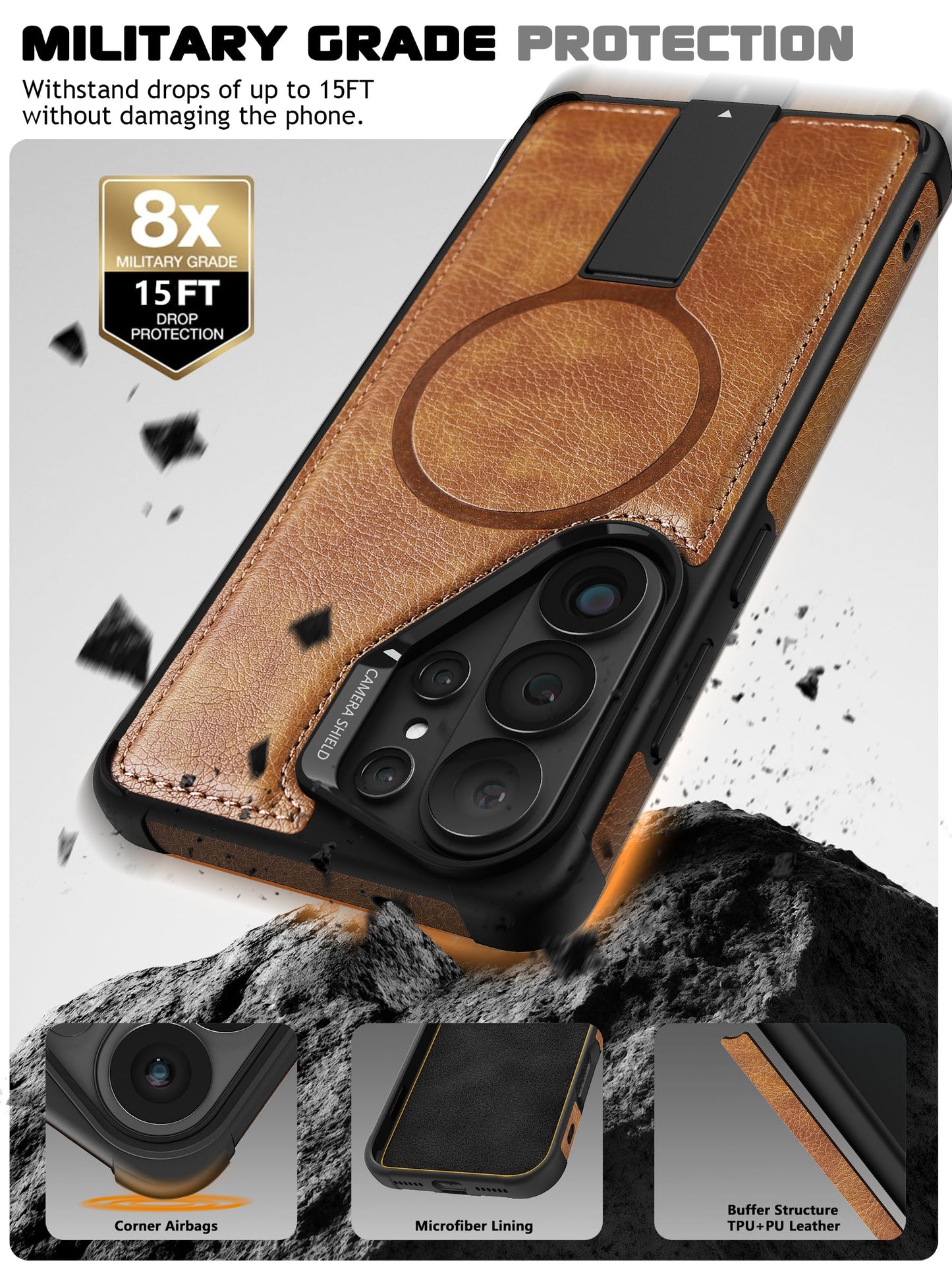 VAUSERDY Strong Magnetic for Samsung Galaxy S26 Ultra Case Leather,[Compatible with MagSafe], Adjustable Kickstand, Shockproof Protective Cover for Samsung S26 Ultra (Brown)