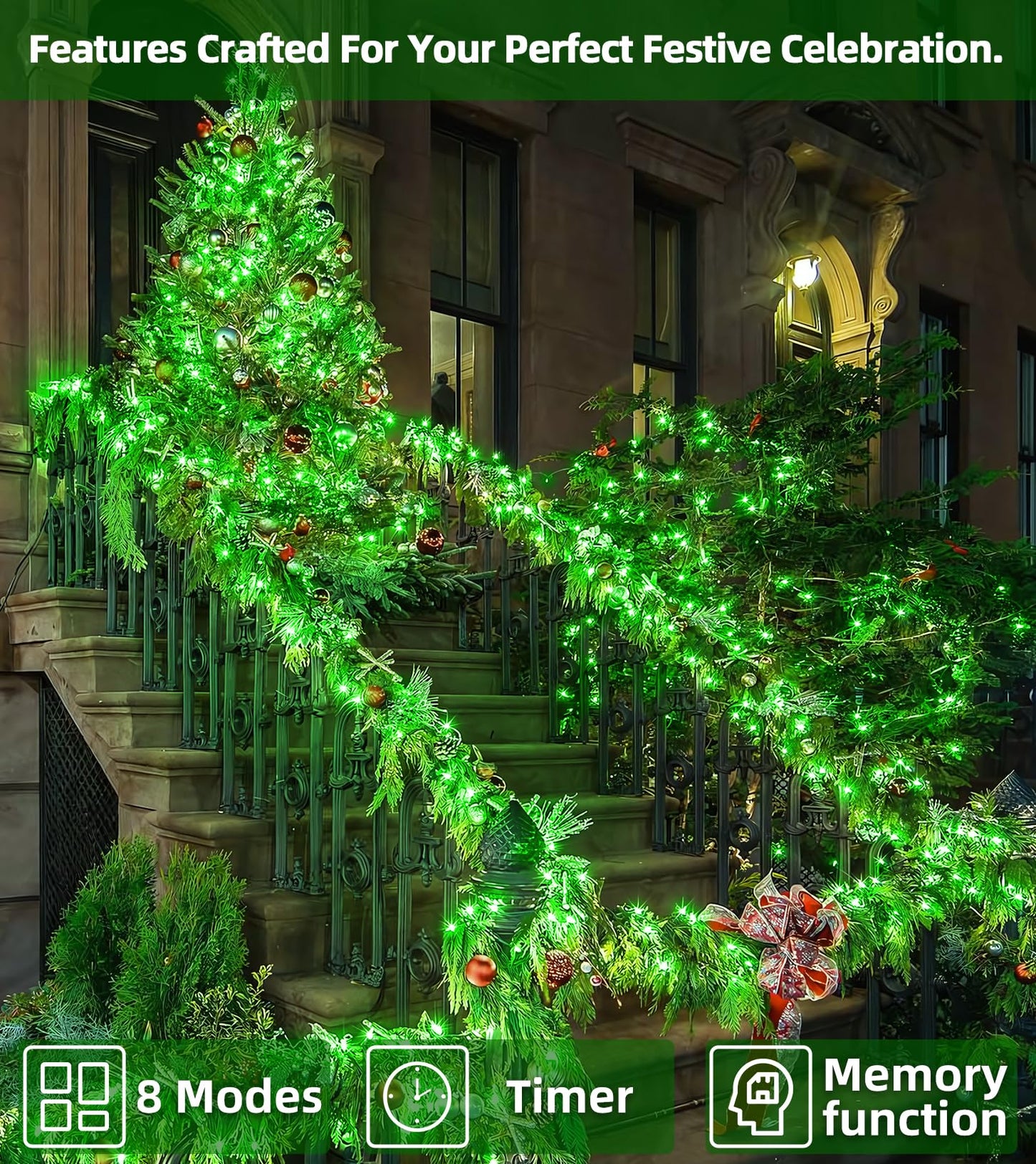 QUHUATU 1500 LED Chrstmas String Lights, 492FT Super Long Christmas Lights with 8 Modes, Christmas Tree Lights with Timer Memory for Indoor Outdoor Tree Fence Garden Xmas Wedding Party Decor Green