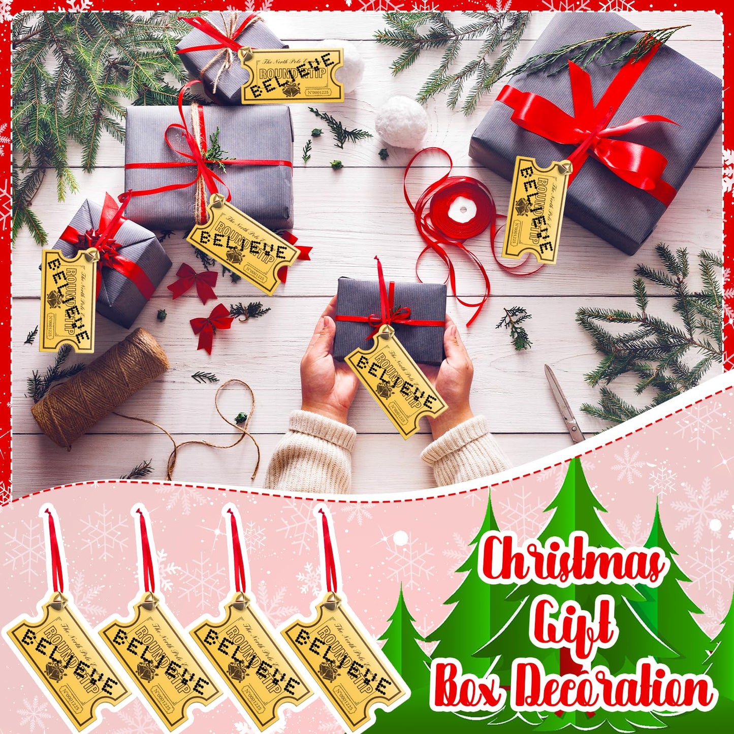25 Pack Christmas Polar Golden Tickets Bulk Set Include 12 Pcs 4.7" x 2.5" Acrylic Golden Tickets 12 Believe Bells 1 Roll Red Ribbon North Pole Believe Train Ticket Christmas Tree Hanging Ornaments