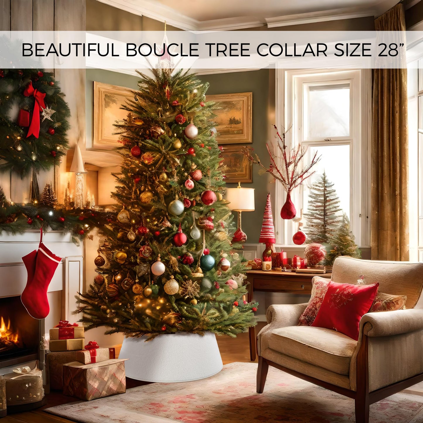 Beautiful Christmas Tree Collar - Authentic 28" Boucle Tree Ring for Any Christmas Decor - Easy to Set Up Skirt Enhances Your Holiday Home Decor