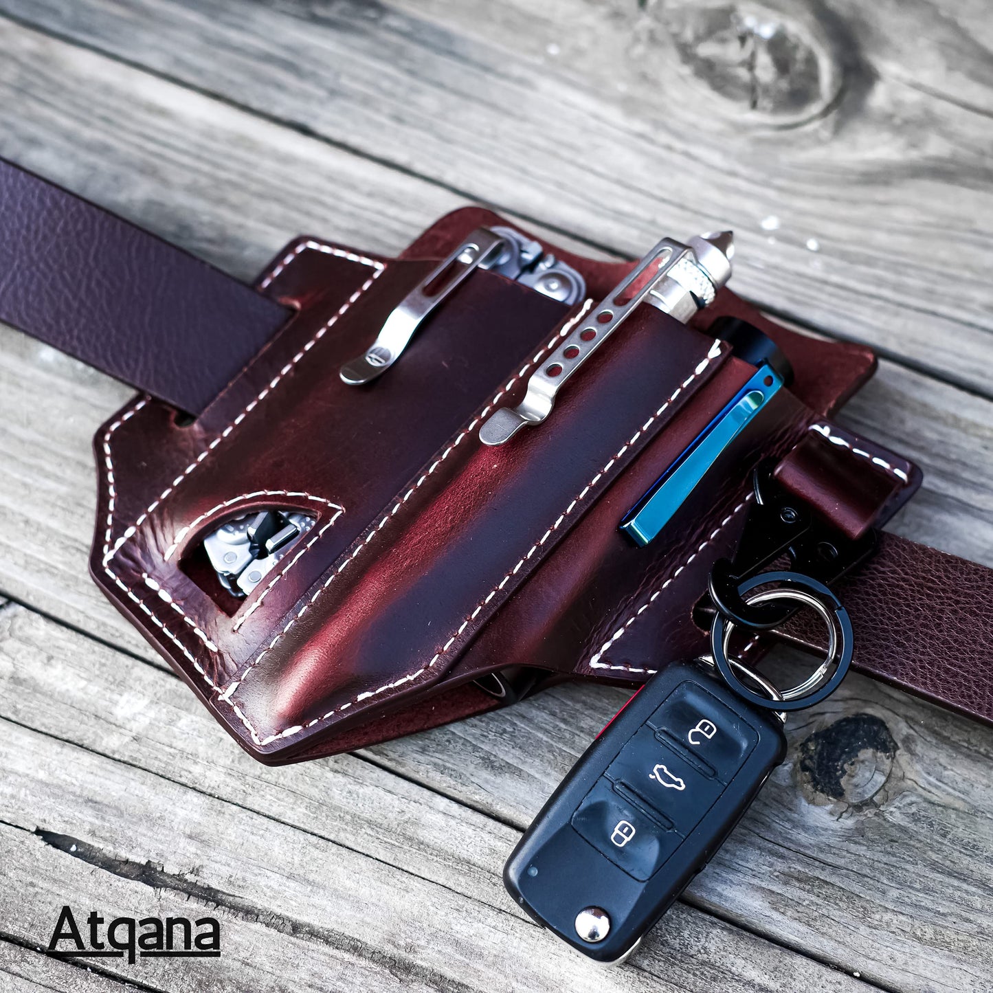 Multitool Sheath for Belt (Premium Leather) - EDC Pocket Organizer | Leatherman Holster | Handmade Leather Multitool Pouch and Pen Holder, Flashlight Sheath, Key Fob Clip by ATQANA® (Extra Dark Brown)