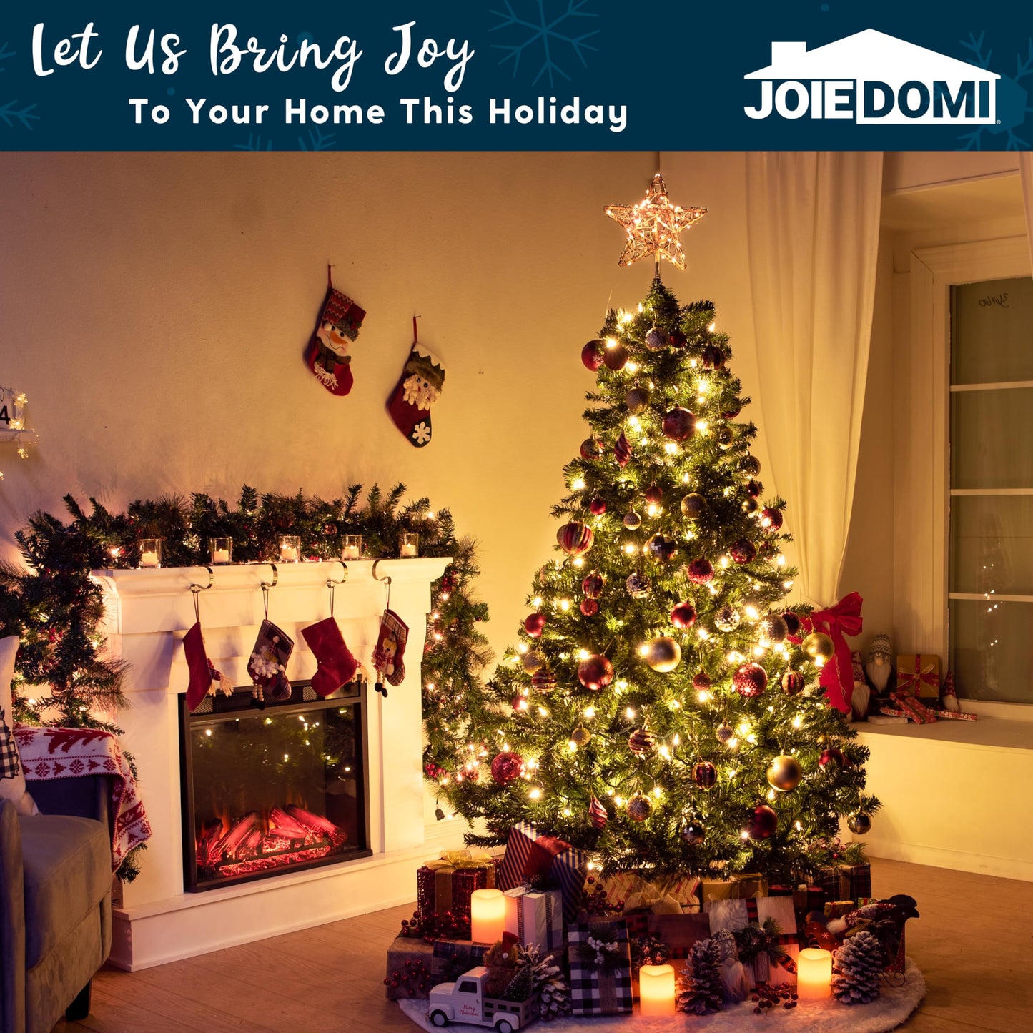 Joiedomi 8 Inch Christmas Tree Toppers, 30 LED Rustic Rattan Star Lighted for Xmas Decorations, Holiday Party Indoor Decor