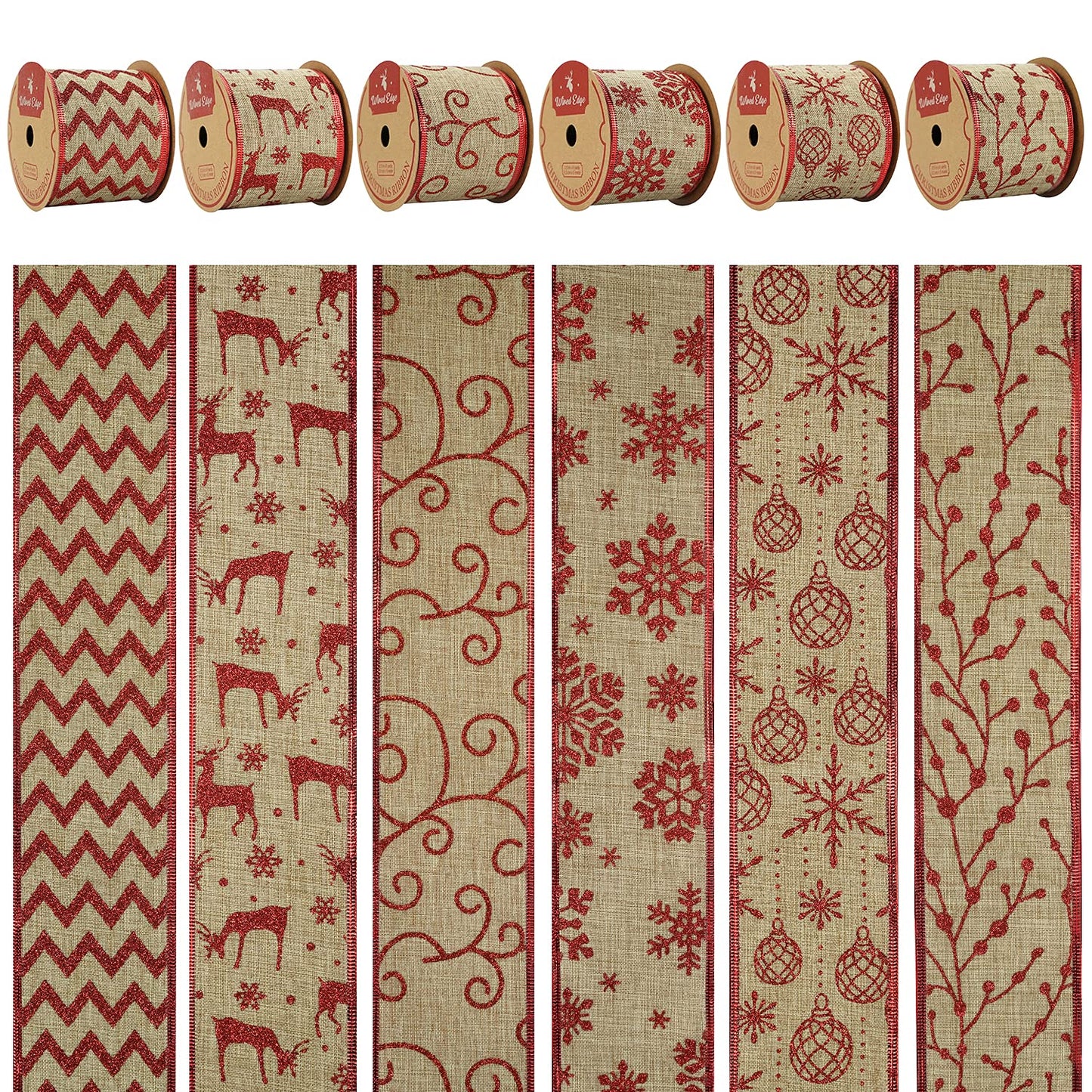 MEEDEE Christmas Ribbon Set 2.5 Inch, 6 Rolls 36 Yards, Wired Burlap and Red Glitter Ribbon for Tree Decorations, Wreath Bows, Garland Decor