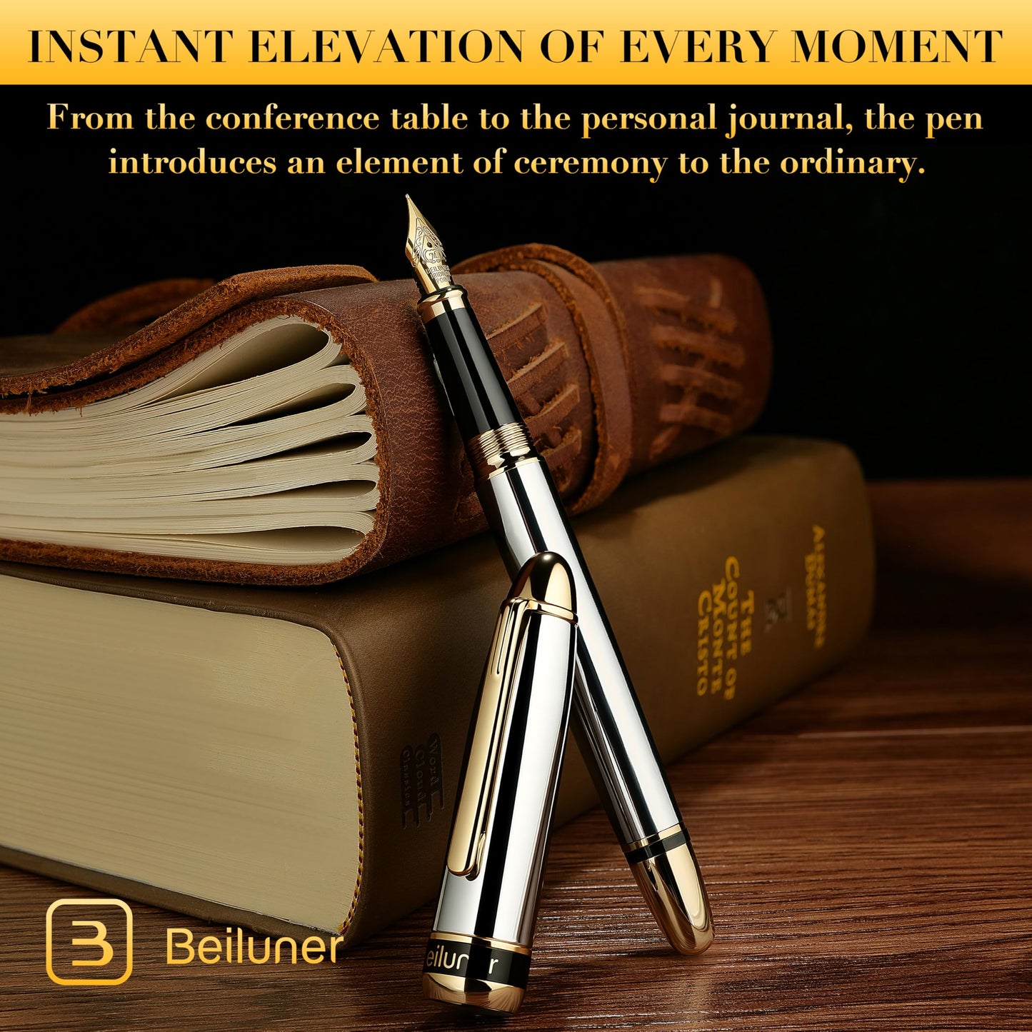 BEILUNER 315 Silver Chrome Fountain Pen,Stunning Luxury Pens with 24K Gold Accents, Gorgeous 24K Gilded Nib(Medium), Ink Converter,Fancy Pen Gift for Men&Women-Elegant, Office, Reliable, Nice Design