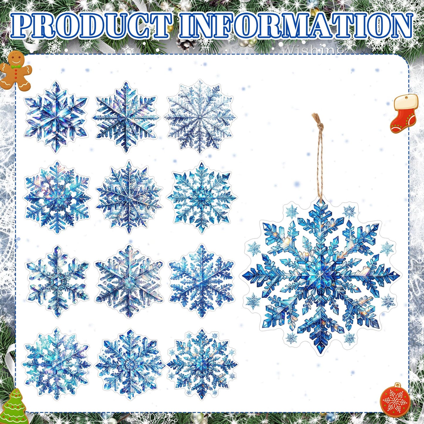 Soaoo 36 Pcs 7.87" Christmas Snowflakes Ornaments Blue Outdoor Double Sided Christmas Hanging Decoration Plastic Crafts Ornaments for Xmas Winter Holiday Office Home Yard Porch