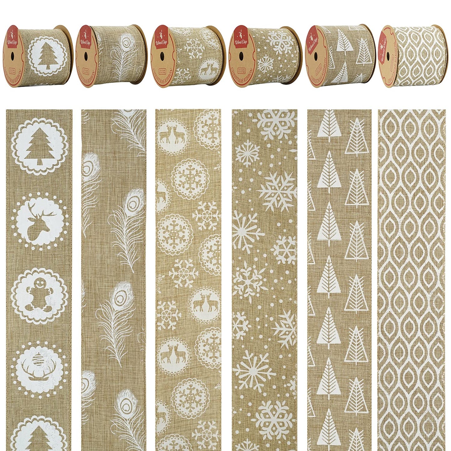 MEEDEE Burlap & White Print Ribbon - Wired Burlap Ribbon, 2.5 Inch, 6 Rolls, 36 Yards - Christmas Tree & Wreath Decorations