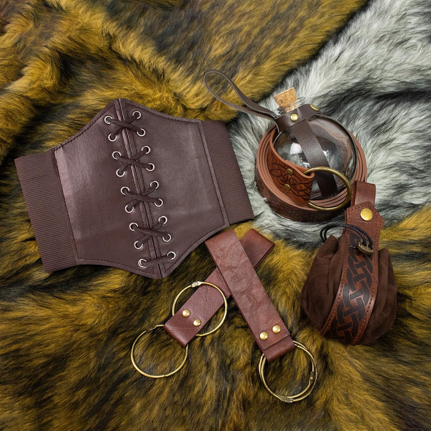 Renaissance Belt Pouch Corset Waistband Magic Potion Bottle Skirt Hike Steampunk Costume Accessory(Brown-A, X-Large)