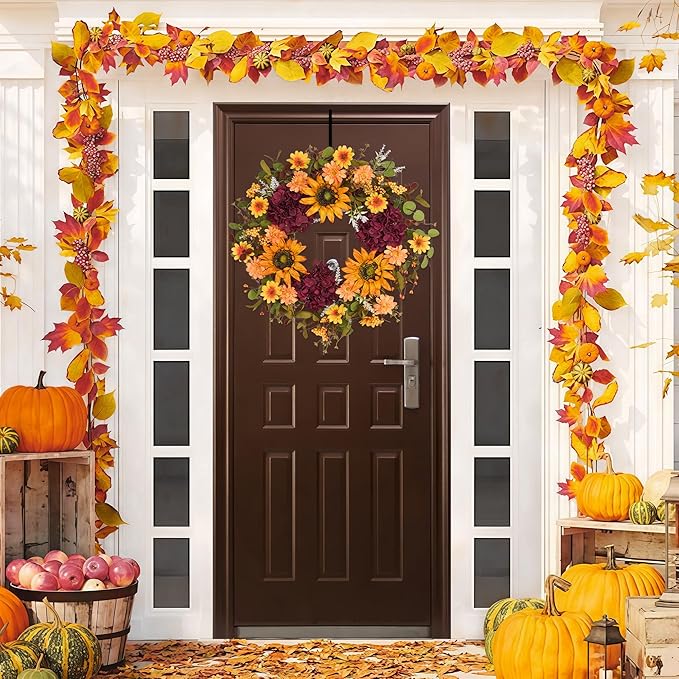 Sunflower Wreaths for Front Door, 24'' Autumn Wreath with Sunflower Hydrangeas & Leaves for Porch Window, Halloween Thanksgiving Wreaths for Home Decor