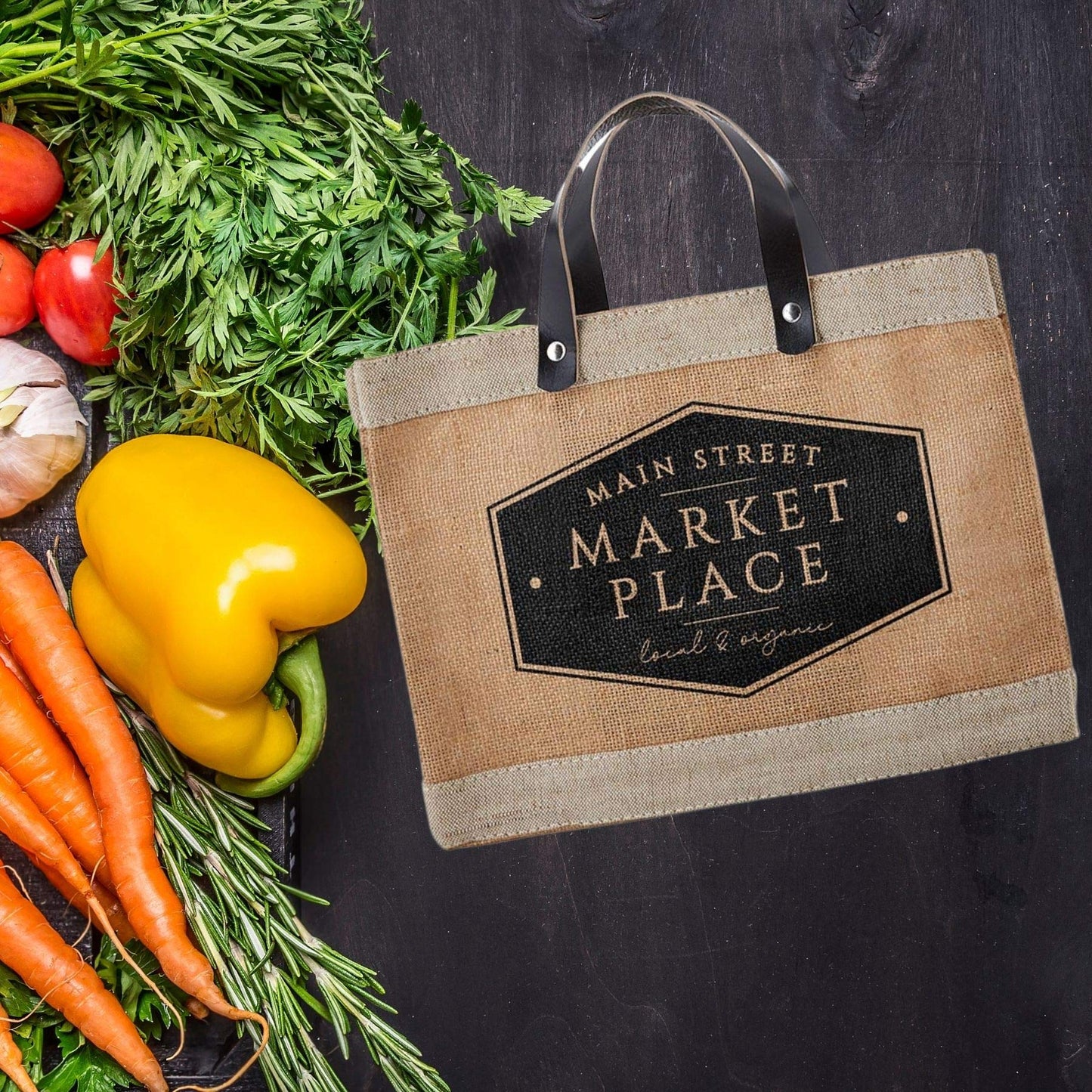 Santa Barbara Design Studio Main Street Farmers Market Tote, Reusable Burlap Grocery Bag with Leather Handle, Purse for Beach or Picnics, Food Lovers Gift Idea, 12.5 x 9.5 Inches