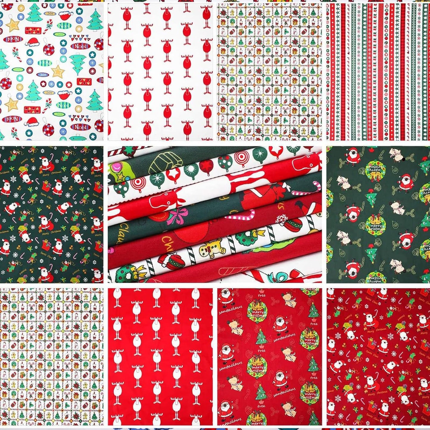 10 Pieces Christmas Cotton Fabric Bundles 18 x 22 Inch Quilting Fabric Sewing Squares Bundle Multicolor Patchwork Xmas Tree Fat Quarters Precut Santa Claus Scraps for Christmas DIY