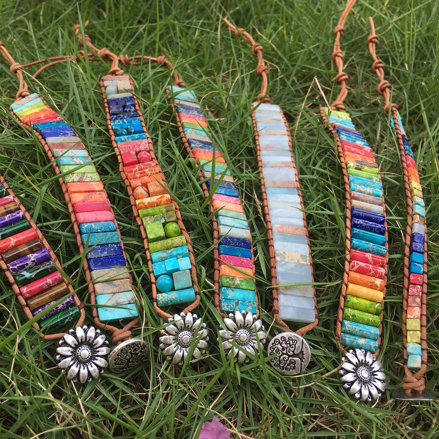 sedmart 7 Chakra Bracelets for Women with Real Stones Leather Wrap Healing Bead Bracelet Women Men Boho Friendship Jewelry… (Flower Button & Turquoise)