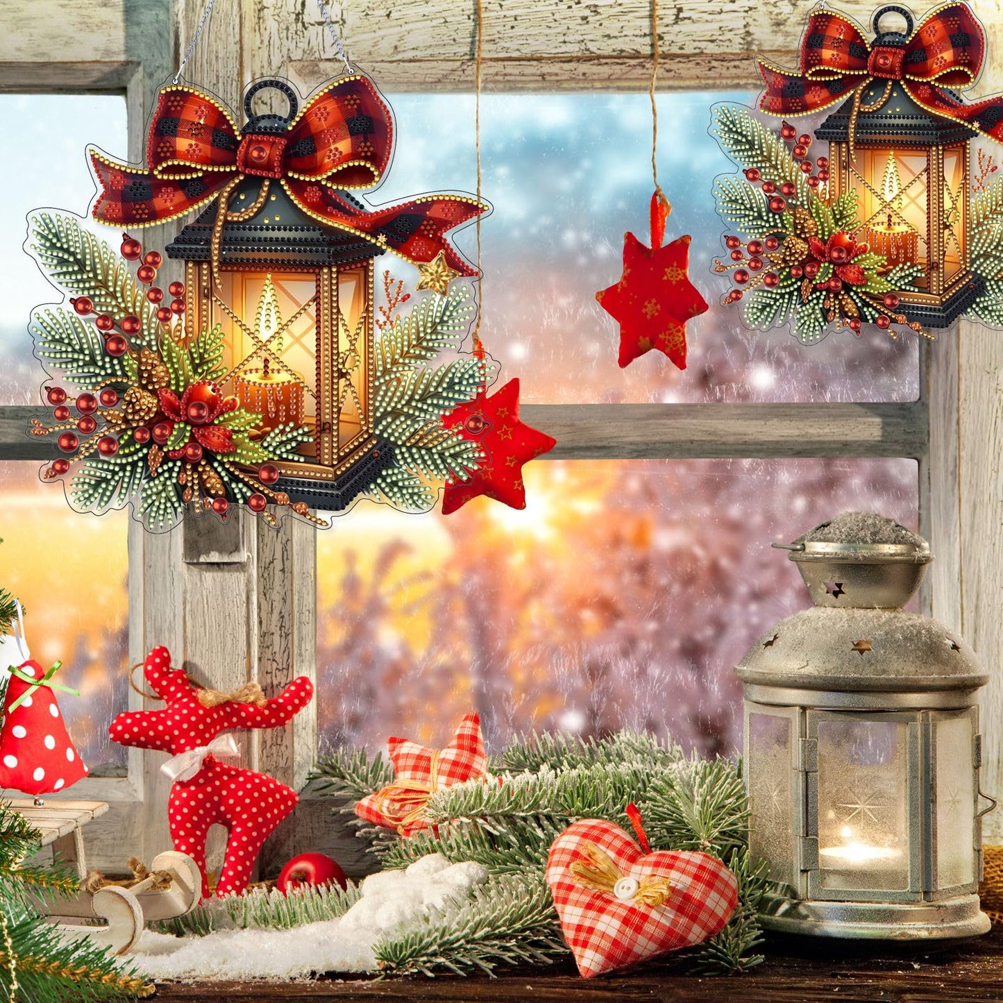 VODAPYC Christmas Diamond Art Hanging Kit for Adults, DIY Double Sided Special Shaped Diamonds Art Window Pendant Ornament for Home Decor(Candle Lamp)