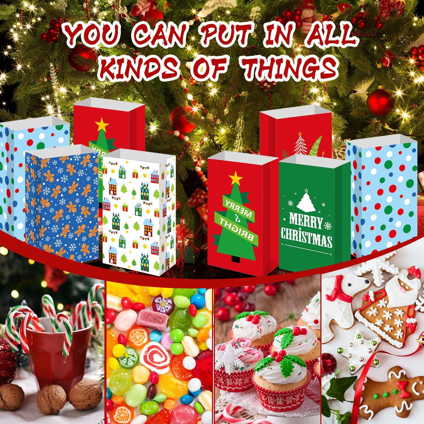 Kolldenn 120 Pcs Christmas Gift Bags Bulk 6 Styles Christmas Treat Bags 9.5 x 5.1 x 3.15 Inch Paper Goodie Pouches for Gifts Candy Snacks Lunch Holiday Party Supplies(Cute)