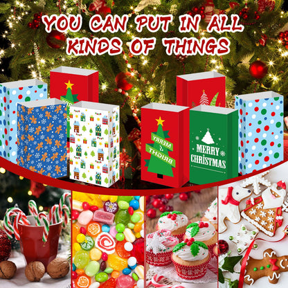 Kolldenn 120 Pcs Christmas Gift Bags Bulk 6 Styles Christmas Treat Bags 9.5 x 5.1 x 3.15 Inch Paper Goodie Pouches for Gifts Candy Snacks Lunch Holiday Party Supplies(Cute)